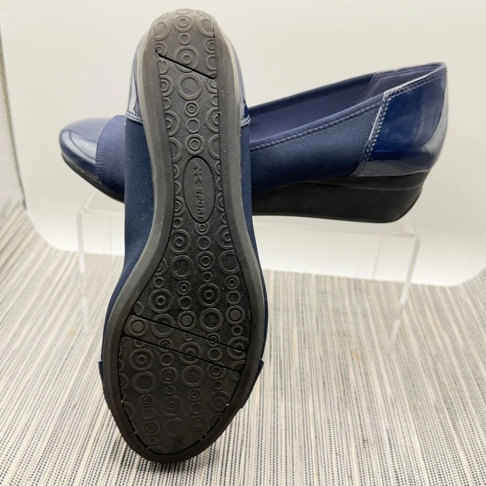 Anne Klein Sport Birta Navy Blue Wedge Pumps Size 6.5 Patent Cap Toe Low Heel